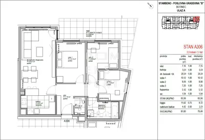 Botinec, 3 Zimmer Wohnung im dritten Stock, 76 m² - 2