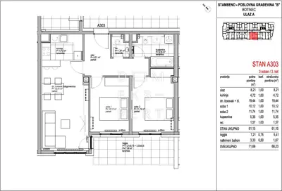 Botinec, Trosoban stan na trećem katu, 68 m² - 2
