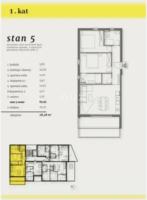 Stan 74 m², Okrug Gornji - 2 spavaće sobe, terasa - 10
