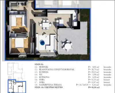 Apartment 85.50 m², center of Labin - 2 rooms, ground floor - 3