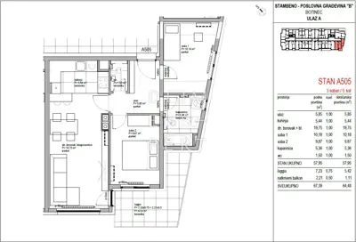 Botinec, Trosoban stan na petom katu, 64 m² - 2
