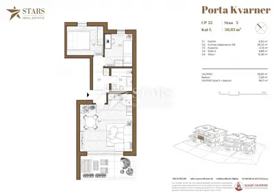 Stan 56,83 m², Martinkovac, 2SB+DB i balkon s pogledom na more - 7