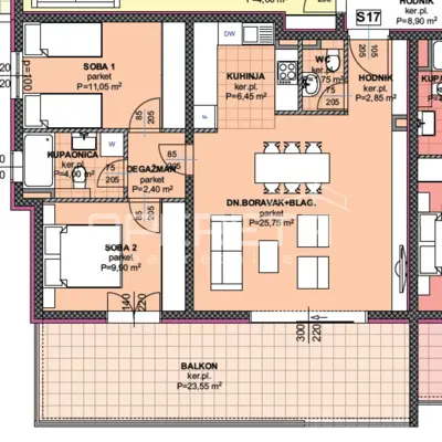 Novogradnja Makarska, 87,7 m² dvosoban stan s balkonom 23,55 m², blizina centra - 3