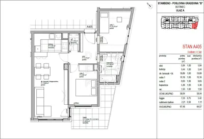 Botinec, Trosoban stan na četvrtom katu, 64 m² - 2