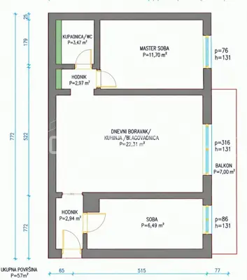 Apartment 56 m², Volovčica - 3 rooms, balcony and elevator - 8