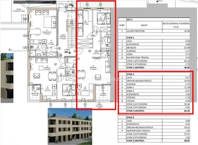 Wohnung 64 m², Barban - 2 Schlafzimmer und Loggia - 4