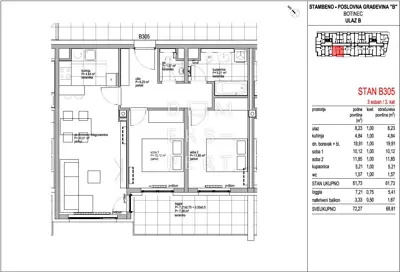 Botinec, Trosoban stan na trećem katu, 68 m² - 2