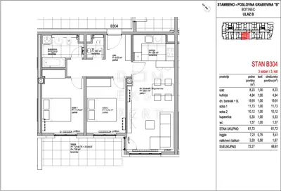 Botinec, Trosoban stan na trećem katu, 68 m² - 2