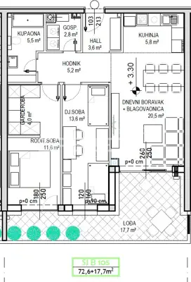 Apartment 72.6 m², Čakovec Globetka, loggia 17.7 m² - 7