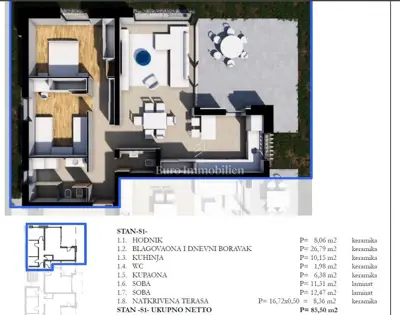 Apartment 85.50 m², Labin center - 2 rooms, terrace - 3