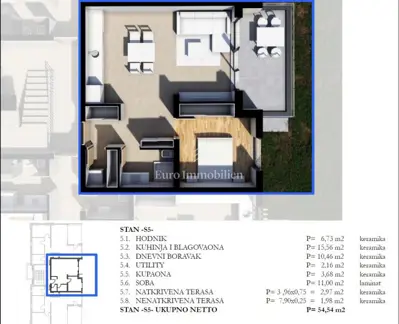 Apartment 55 m², Labin - 1 room, terrace - 3