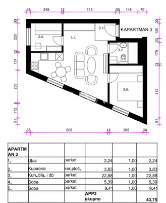 Apartment 44 m², Resnik - 2 rooms + living room, new project - 7