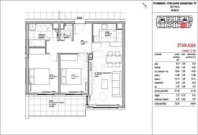 Botinec, 3 Zimmer Wohnung im dritten Stock, 68 m² - 2